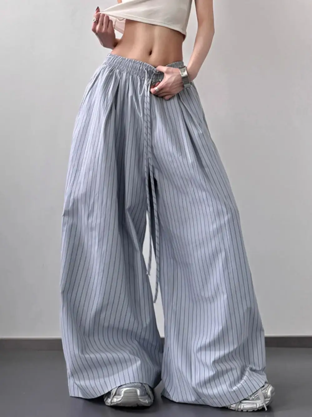 Textured Striped Wide Leg Drawstring Pants