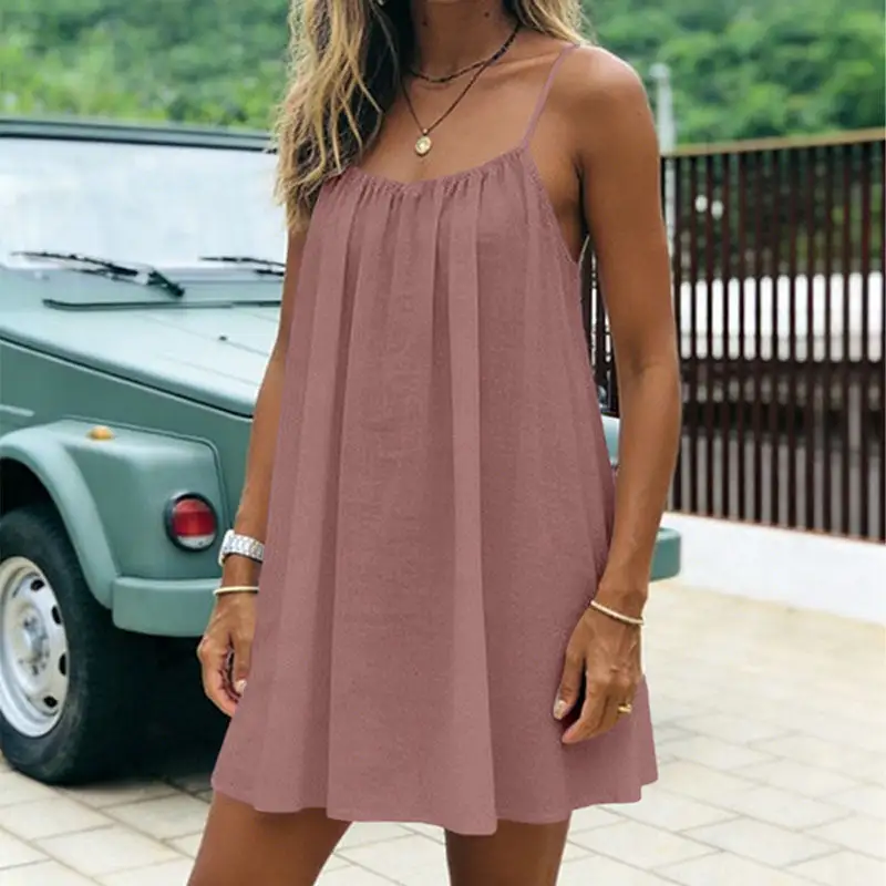 🌿Women's Summer Ruched Backless Cami Mini Dress, Spaghetti Strap A-Line Loose Fit Vacation Short Dress