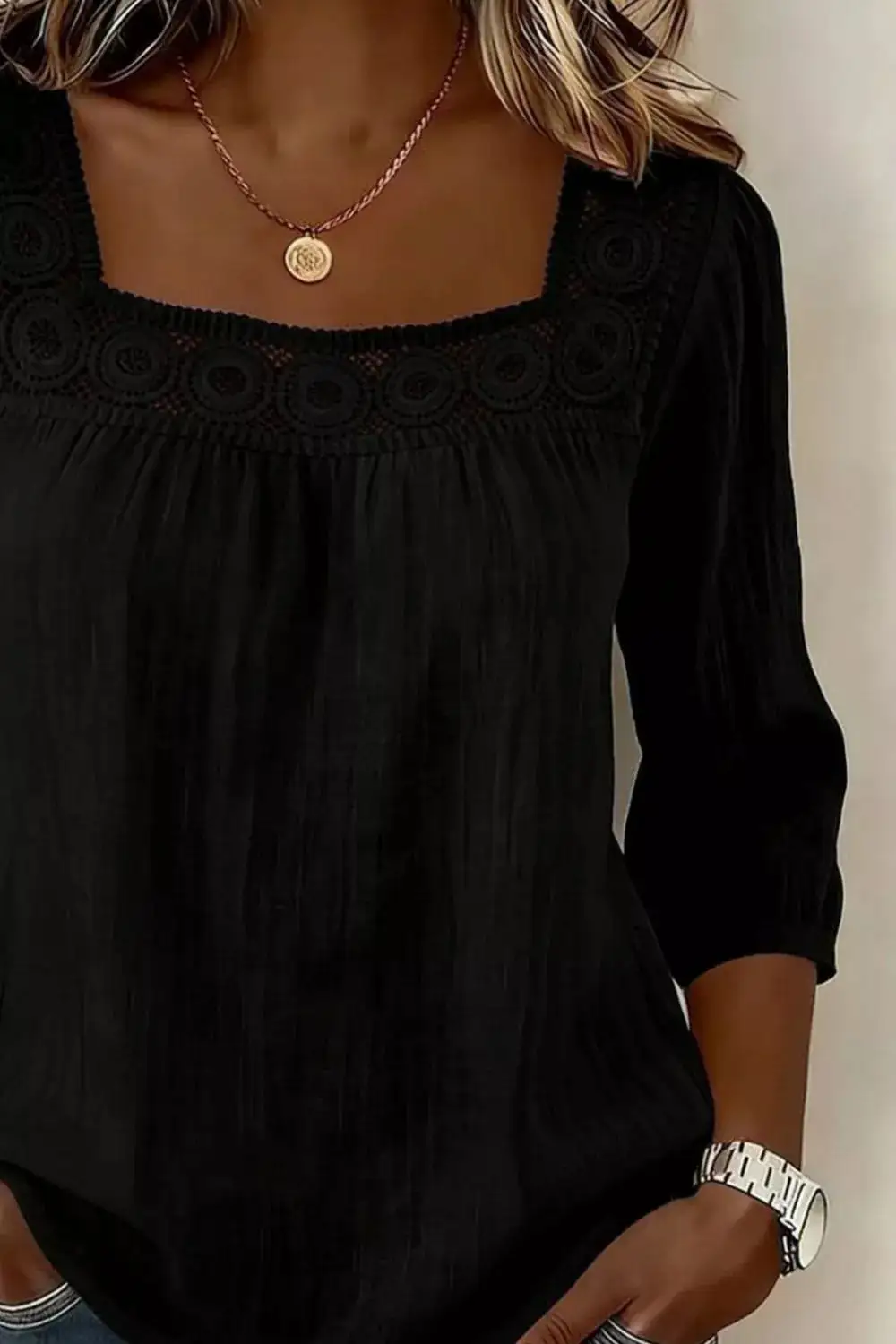 Crochet Trim Square Neck Blouse