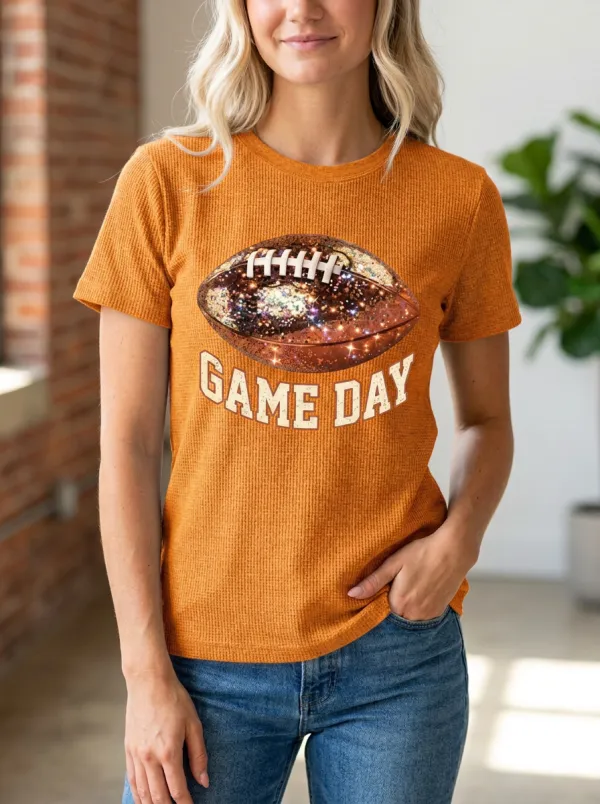 Women's Football Game Day Glitter Ball Printed T-Shirt
