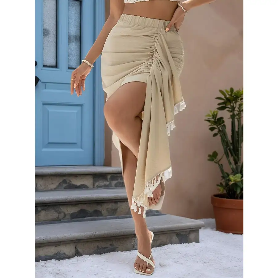 Asymmetric Tassel Wrap Skirt