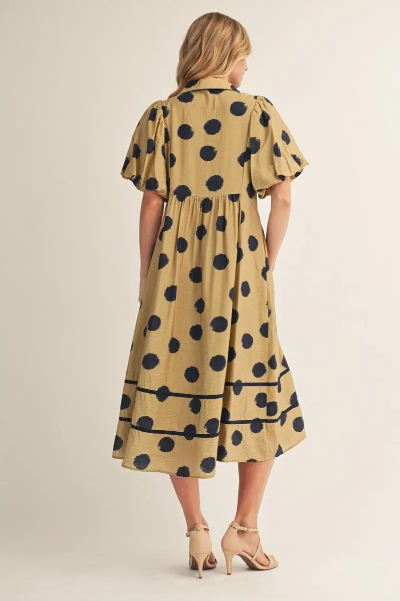 Polka Dot Smocked Puff Sleeve Collared Dress