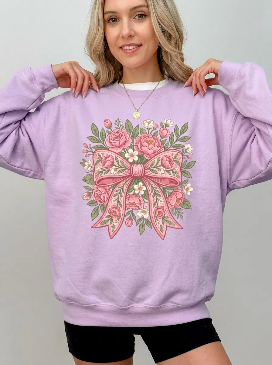 Women's Breast Cancer Awareness Floral Bow Printed Sweatshirt