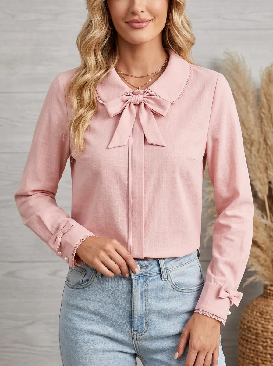 Women's Peter Pan Collar Bow-detail Lace-trim Blouse