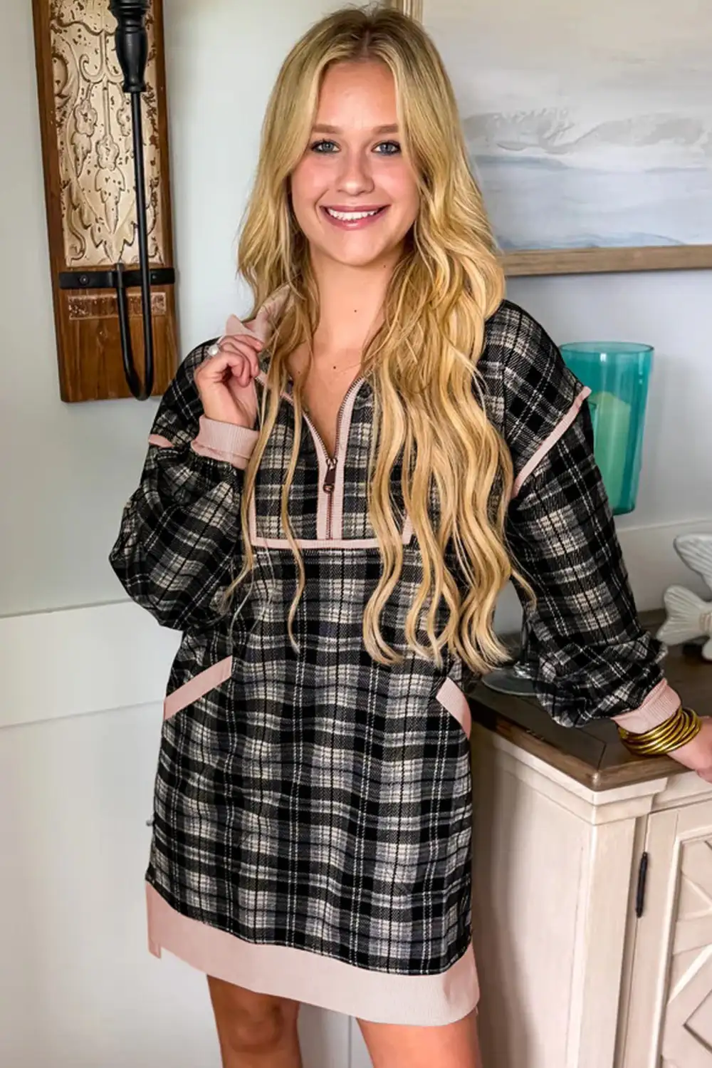 Lightweight Feel Plaid Zip Front Long Sleeve Mini Dress