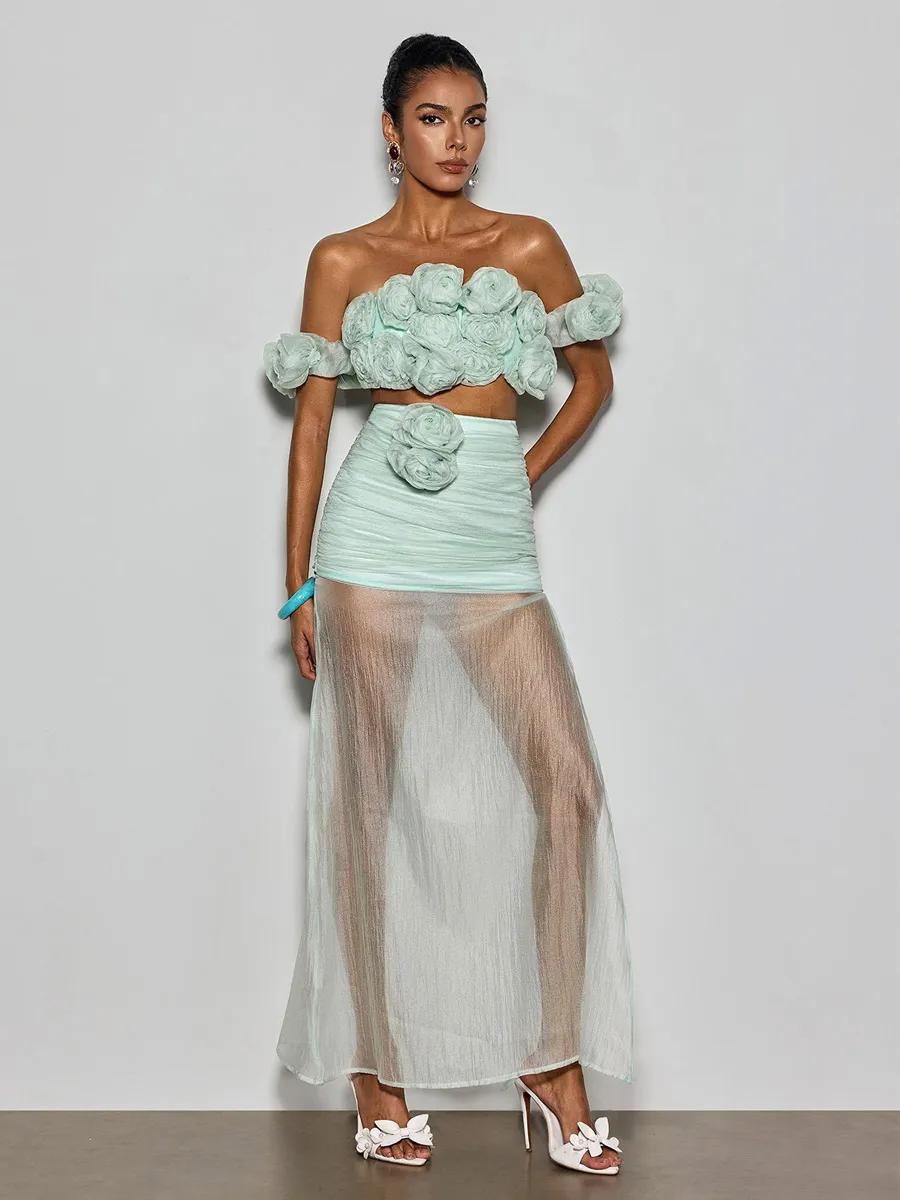 Peyton Off Shoulder Flower Mesh Skirt Set