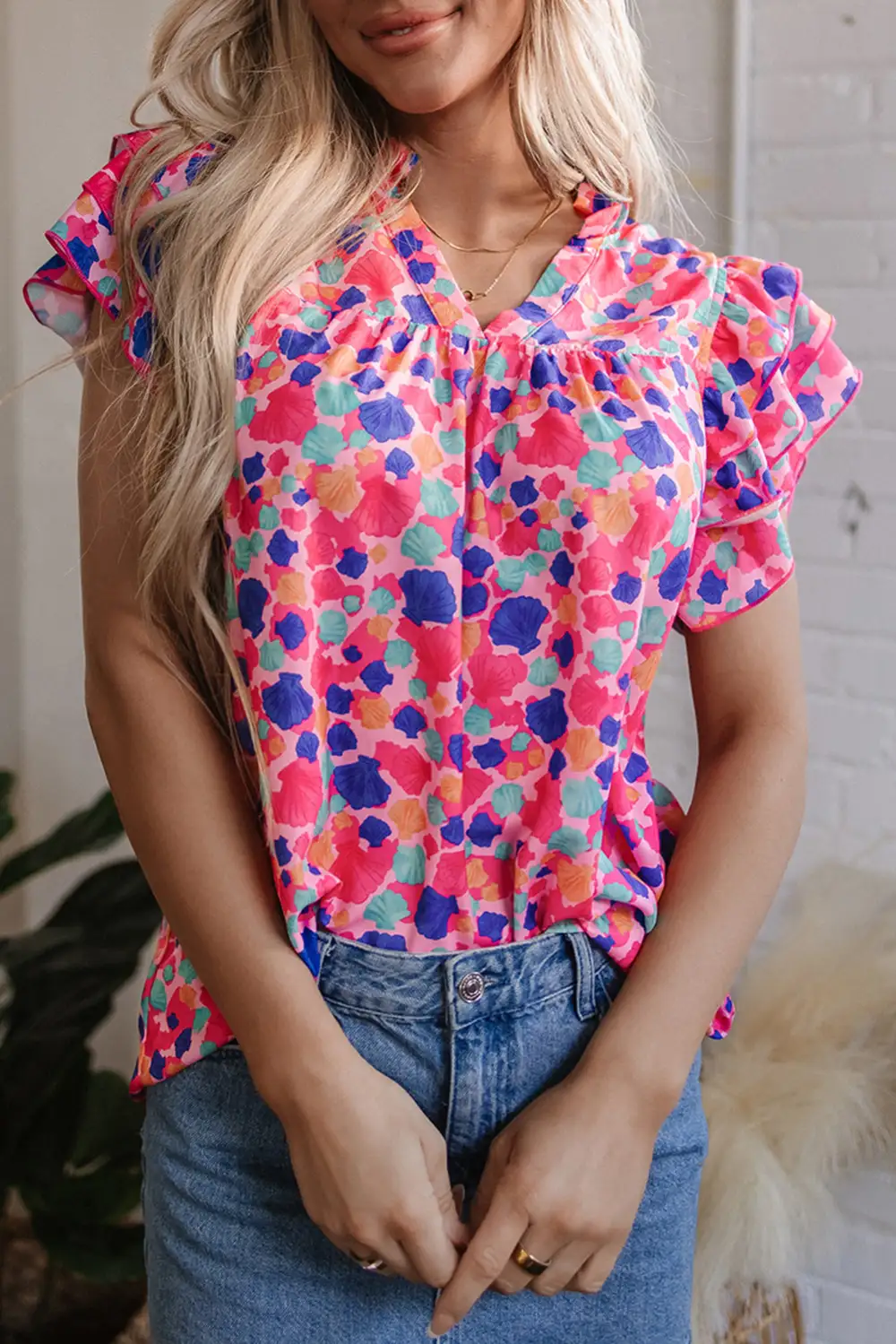Everyday Abstract Print Ruffled V-Neck Blouse