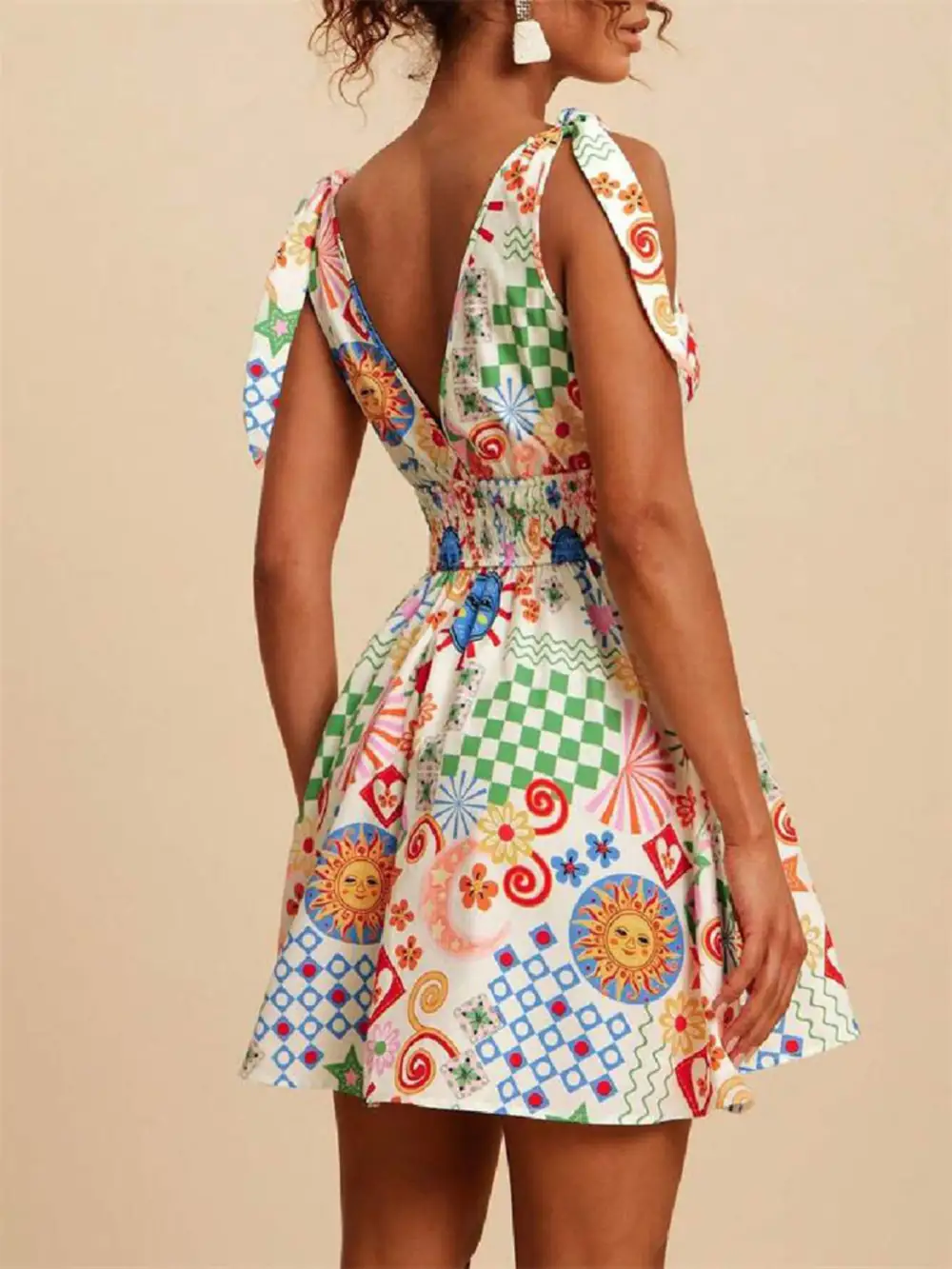 V Neck Smocked Sleeveless Mini Dress