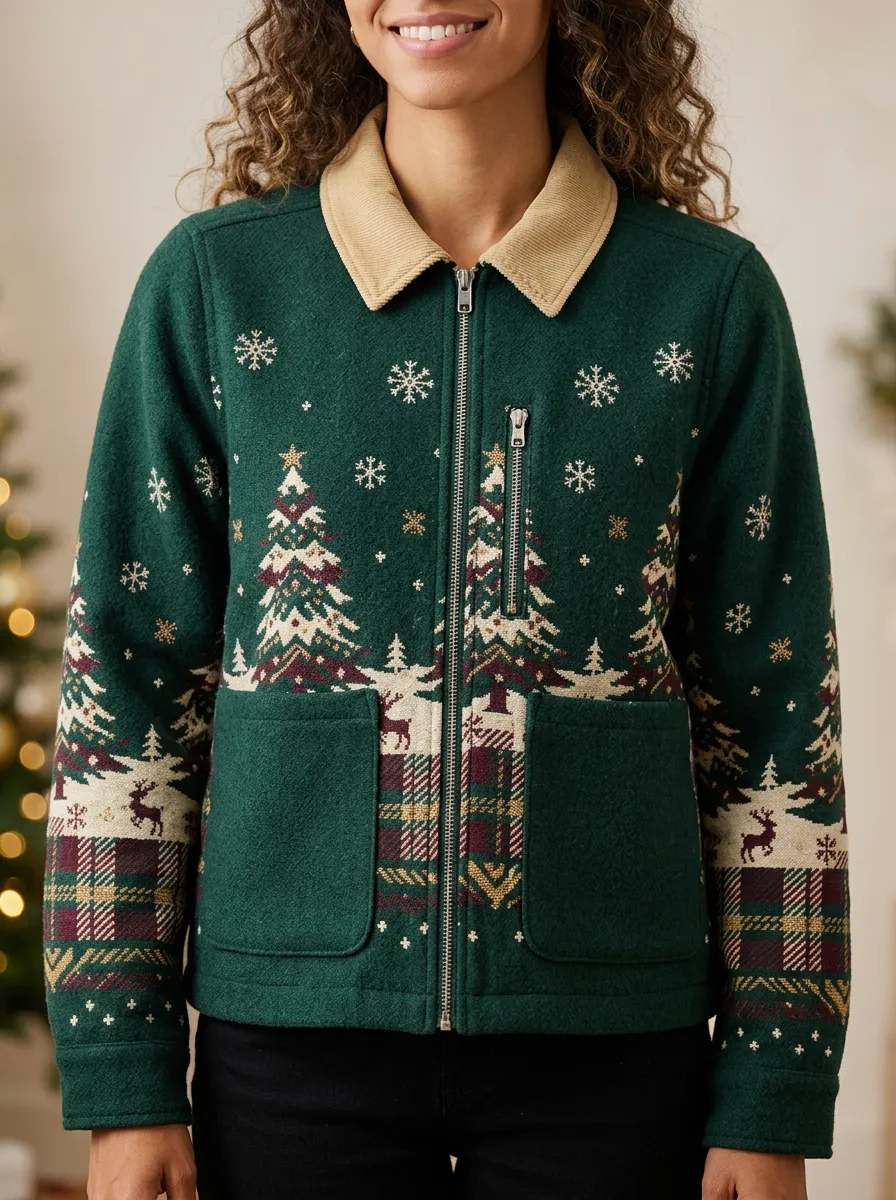 Christmas Tree Reindeer Snowflake Print Zip-up Jacket