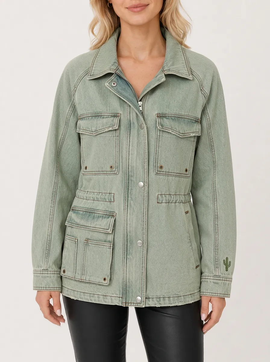 Women's Desert Cactus Western Style Embroidered Denim Jacket
