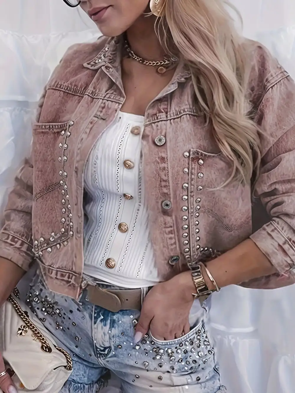 Studded Button Up Wash Denim Jacket
