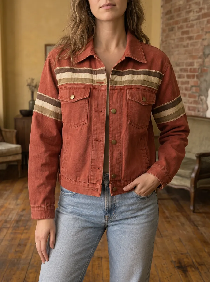 Women's Vintage Retro Striped Rust Cotton Denim Jacket
