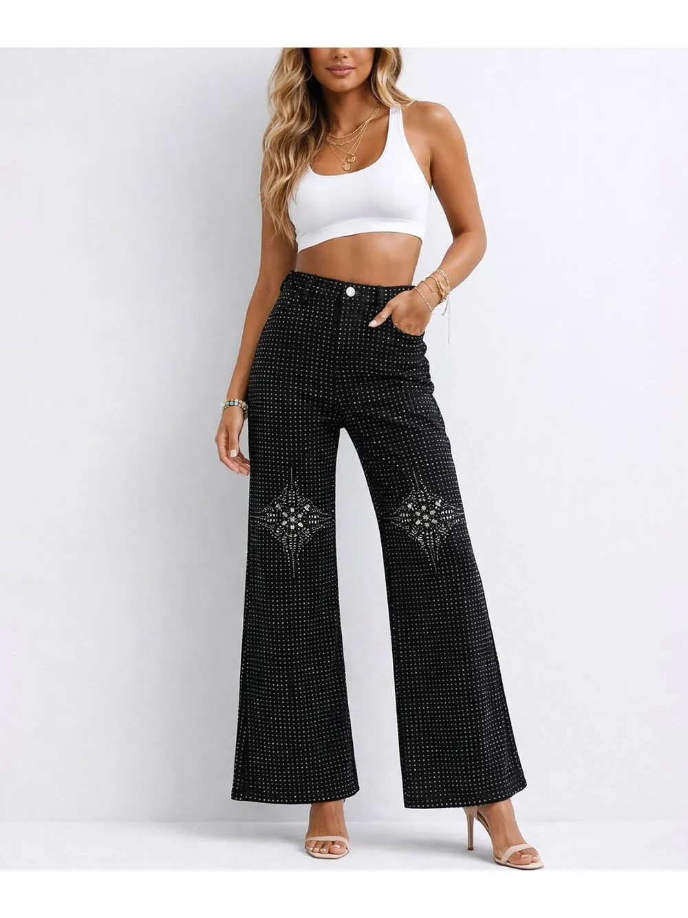 Chic Rhinestone Sparkle Button Wide Leg Denim Pants