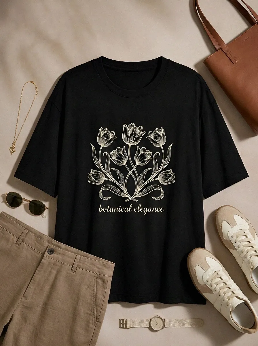 Women's Botanical Tulip Flower Line Art Printed T-shirt