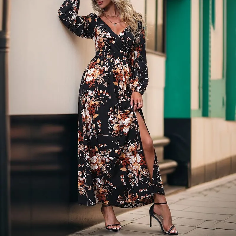 Women's V-Neck Floral Ruffled Bridal Maxi Dress