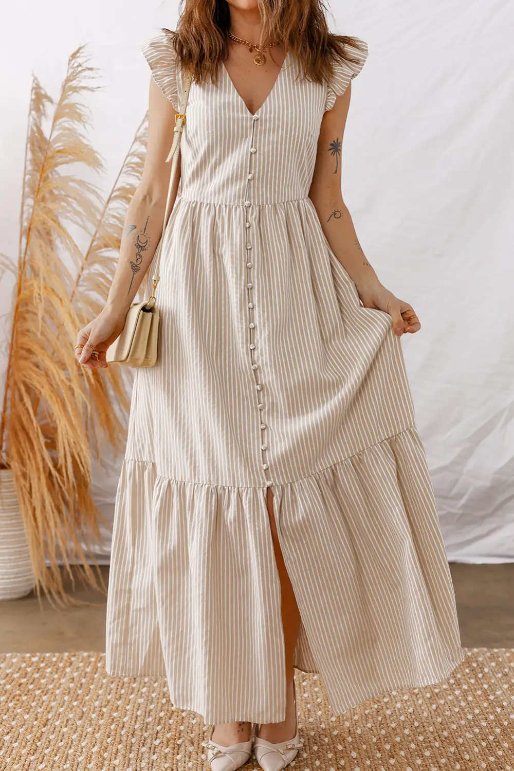 Stripe Flutter Sleeve Buttoned Front Slit Maxi Dress