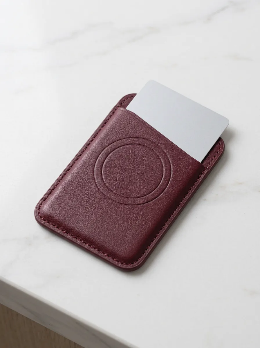 Burgundy Leather Magnetic Phone Card Holder