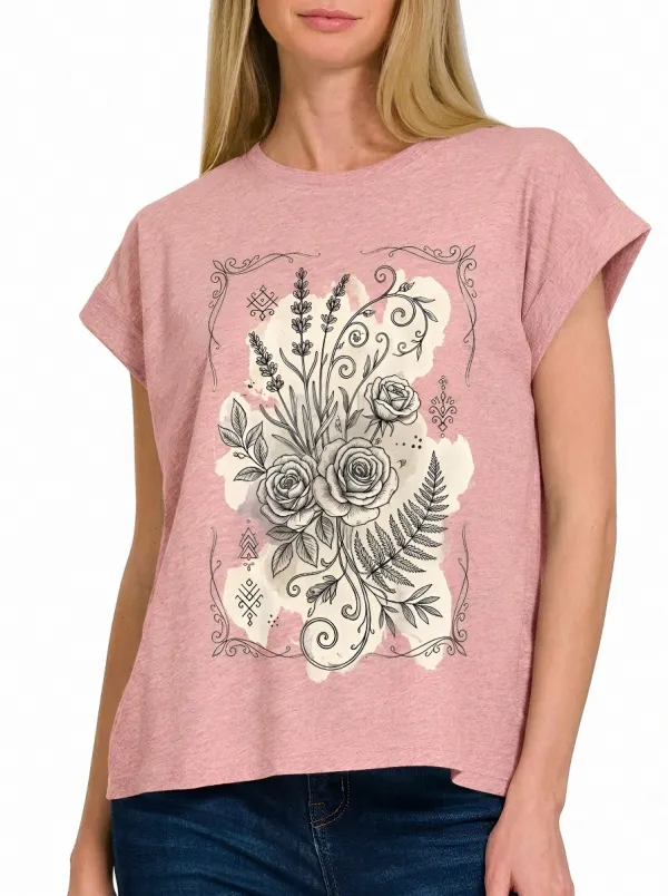 Women's Botanical Floral Rose Lavender Printed T-shirt
