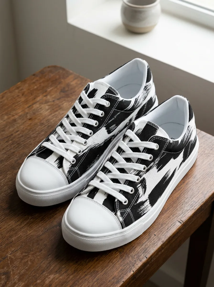 Men's Abstract Art Black White Brushstroke Printed Canvas Shoes