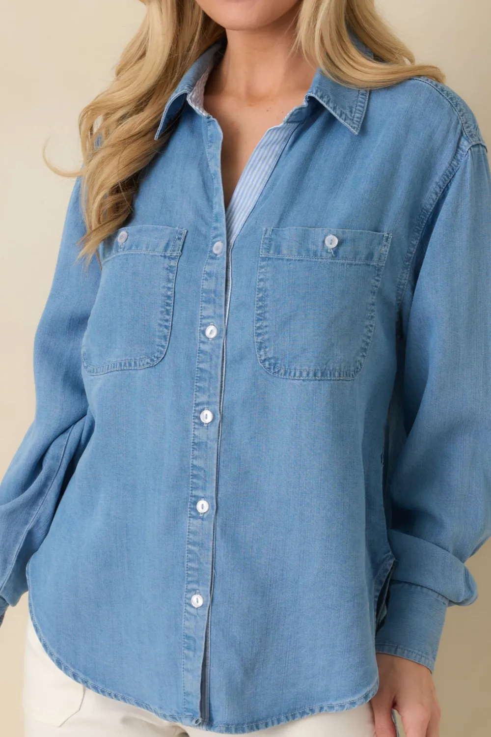 Denim Plaid Button Front Blouse