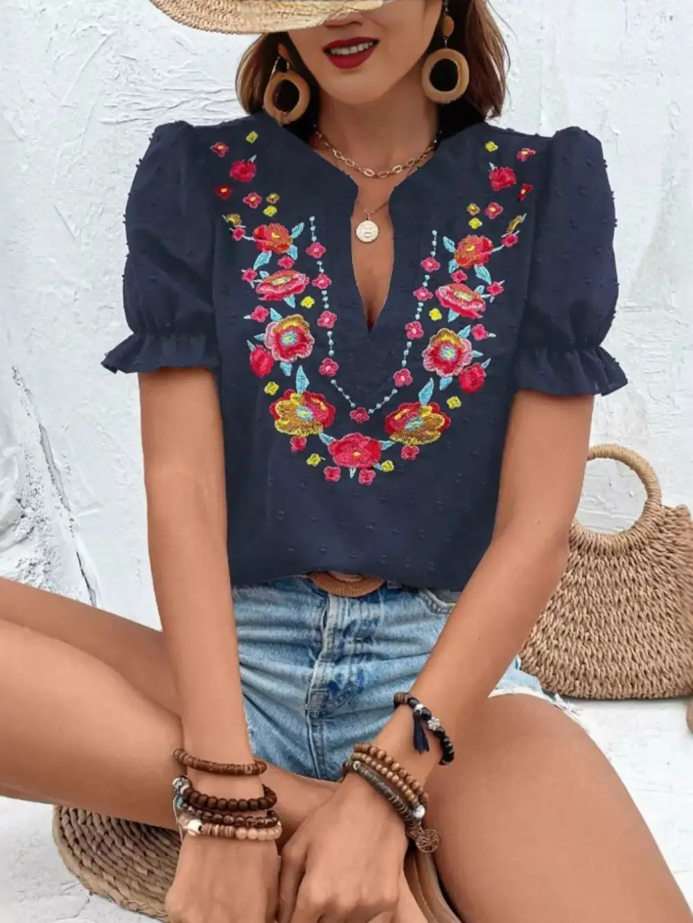 Floral Embroidered Puff Sleeve Blouse