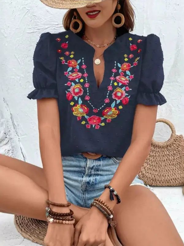 Floral Embroidered Puff Sleeve Blouse