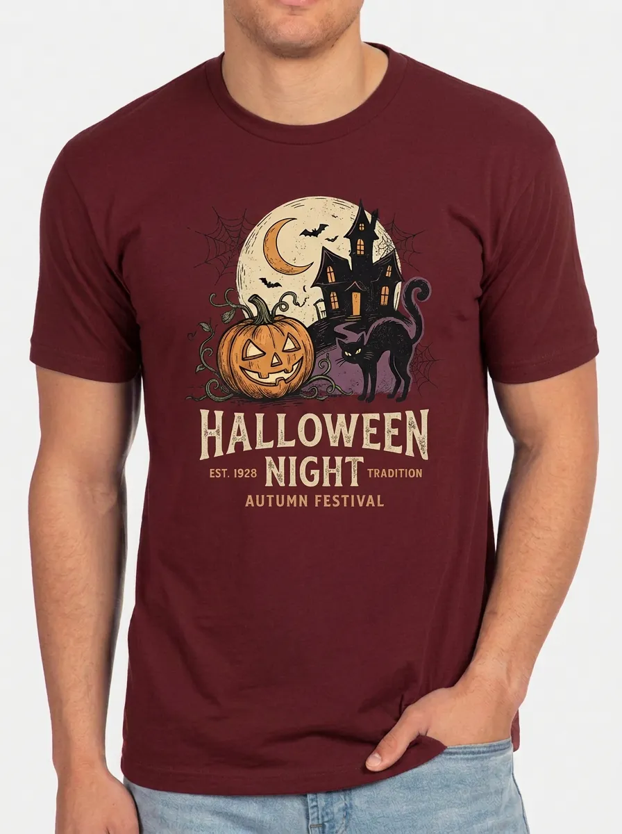 Men's Halloween Pumpkin Cat Haunted House Printed T-shirt