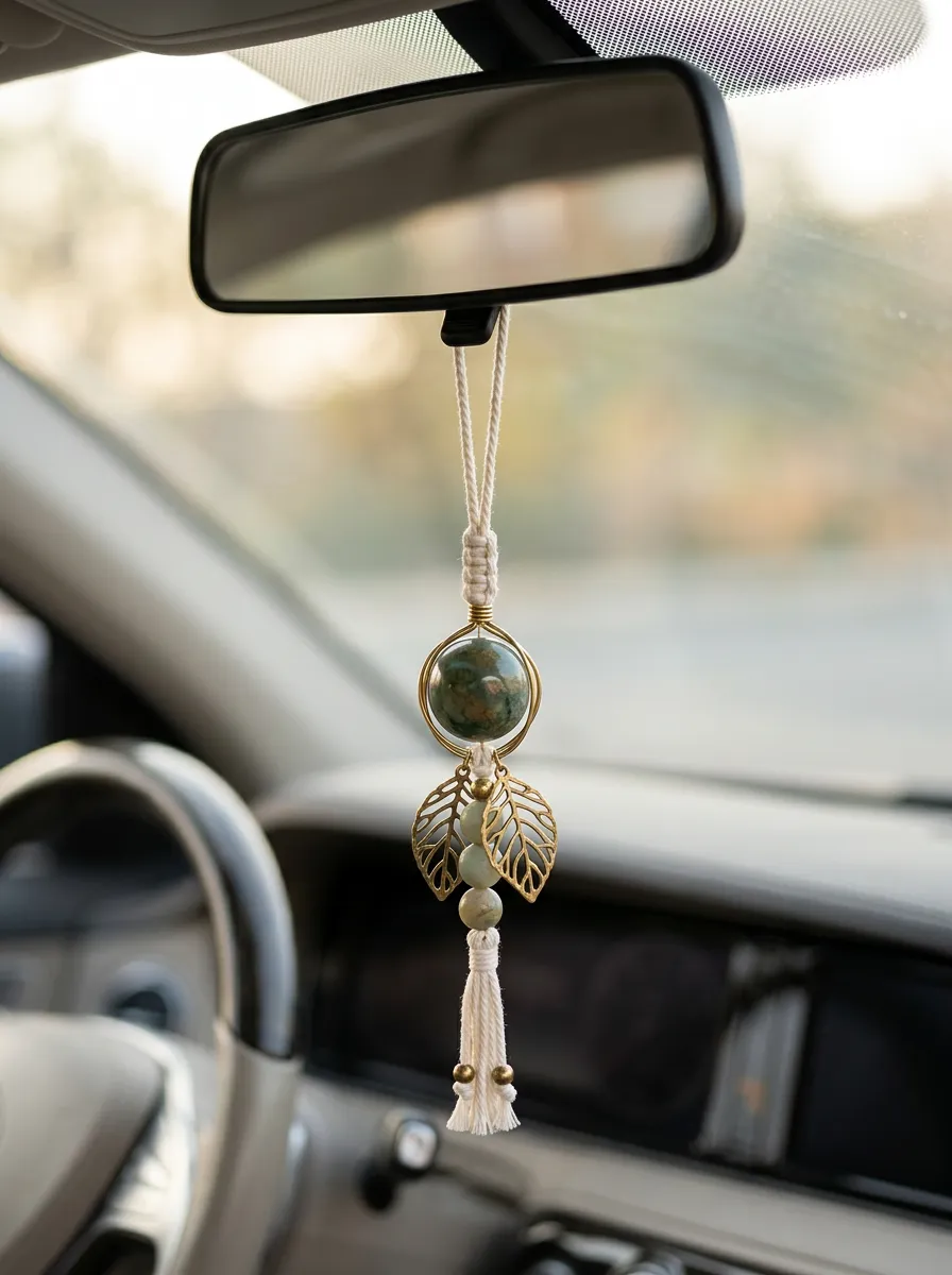 Macrame Leaf Rearview Mirror Hanging Ornament