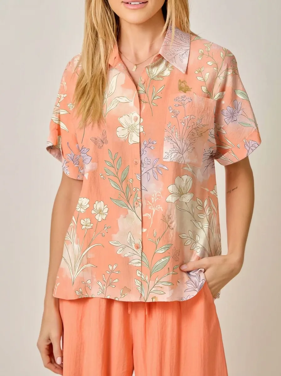 Women's Botanical Floral Butterfly Printed Button-Down Shirt