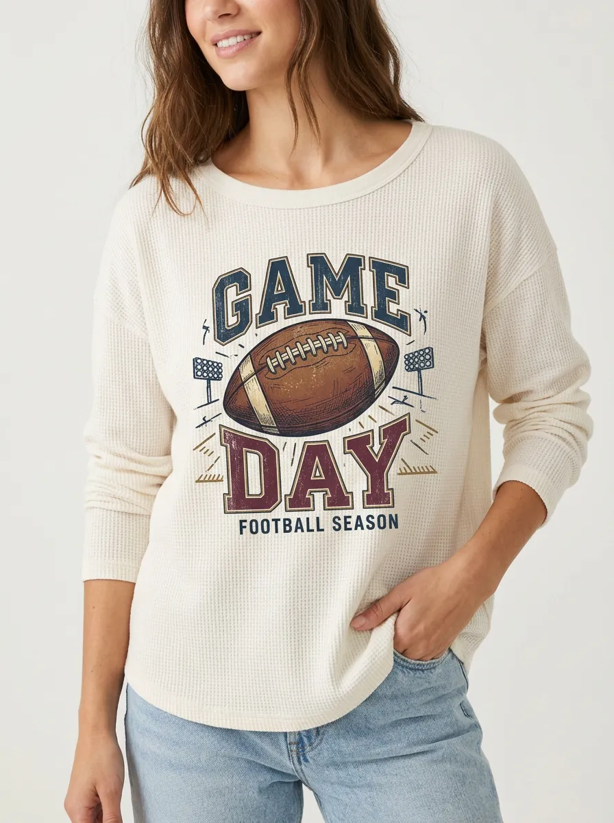 Women's American Football Game Day Graphic Printed Waffle T-Shirt