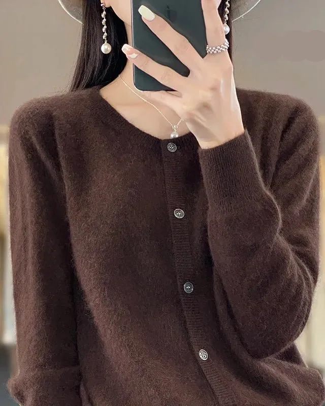 Classic Mink-Cashmere Cashmere Button-Front Crew-Neck Cardigan