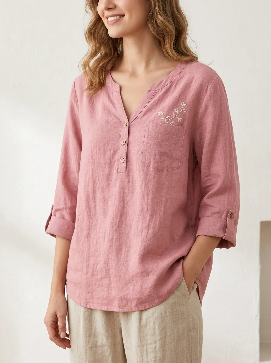 Women's Casual Pink Floral Embroidered V-Neck Linen Shirt