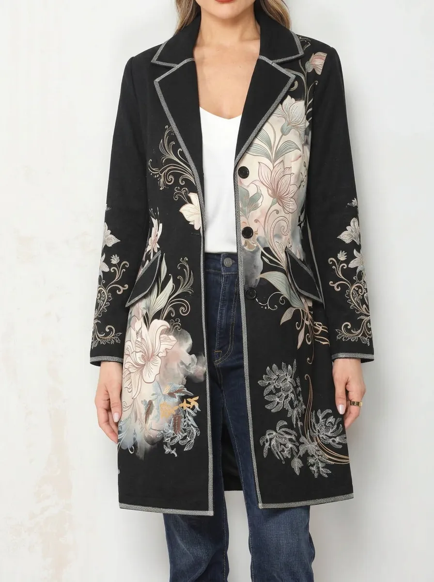 Women's Floral Art Vintage Style Printed Long Blazer
