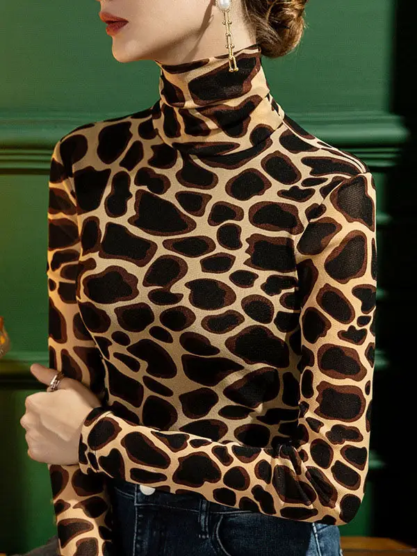 Long Sleeve Slim Fit Leopard High Neck Everyday T-Shirt