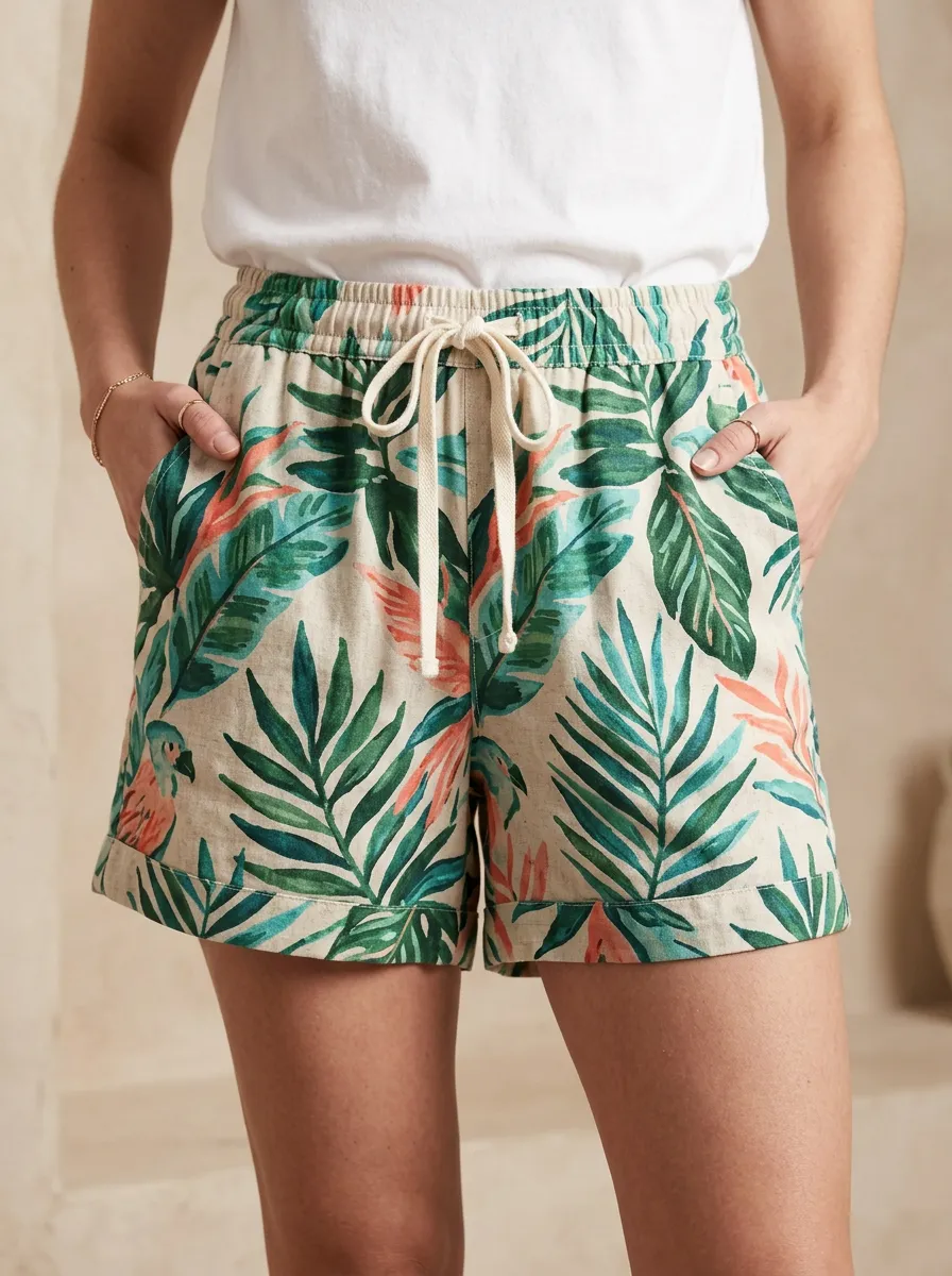Women's Tropical Parrot Leaf Printed Drawstring Shorts