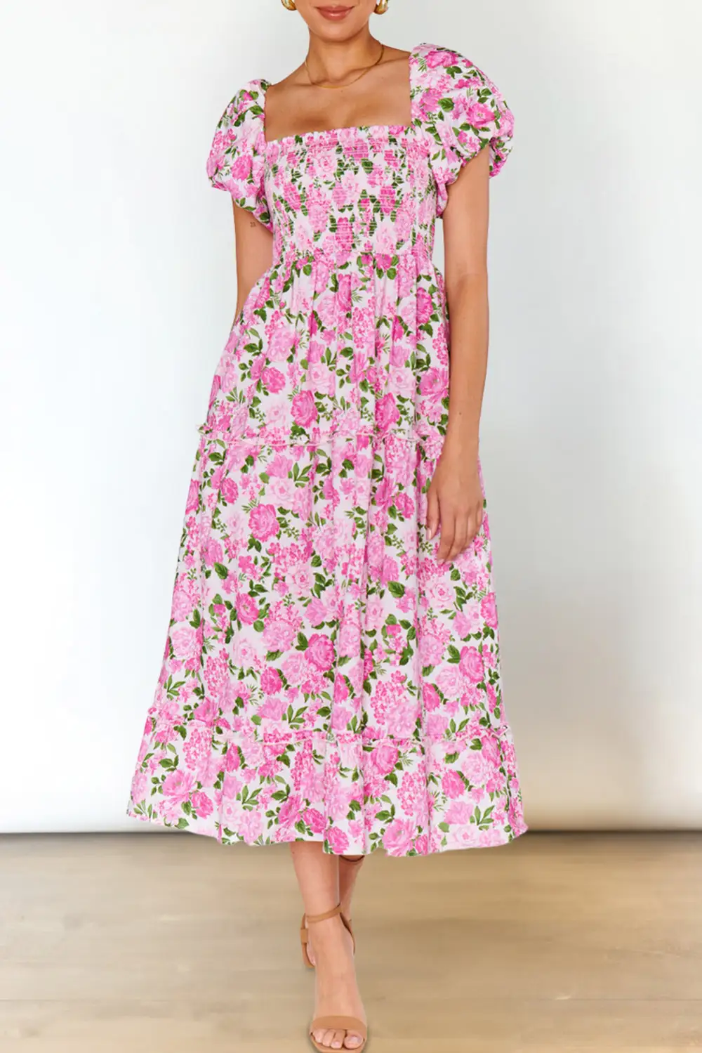 Maxi Dainty Floral Smocked Puff Sleeve Flowy Long Dress