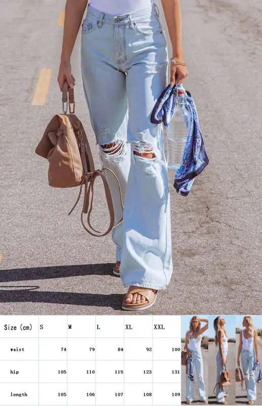 Ripped High Rise Wide Leg Denim Jeans