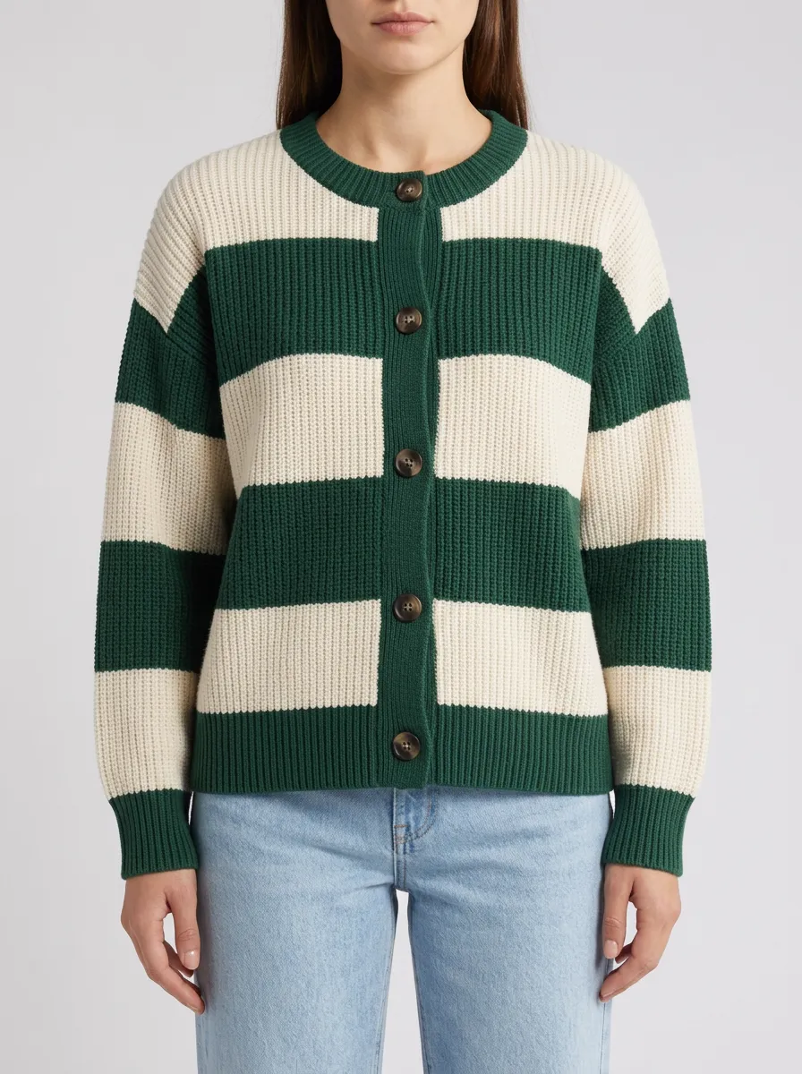 Collegiate Style Rugby Striped Knit Cardigan