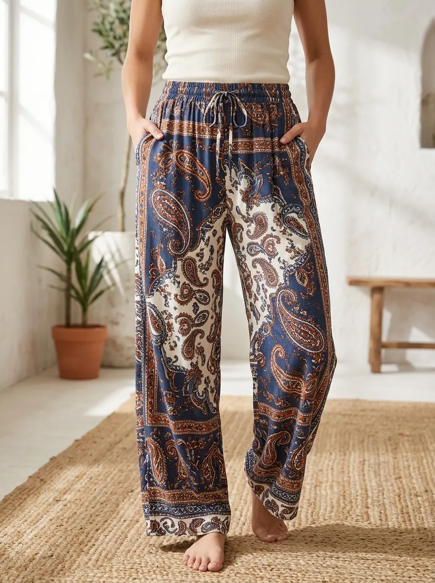 Women's Relaxed Boho Paisley Pattern Printed Wide Leg Pants