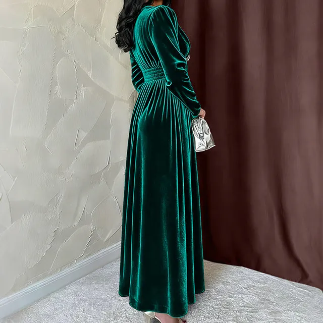 Women's V-Neck Long-Sleeve Velvet Ruffled Maxi Dress