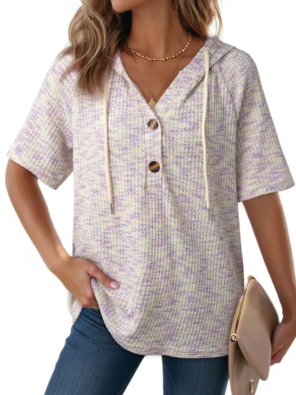 Drawstring Short Sleeve Hooded Top
