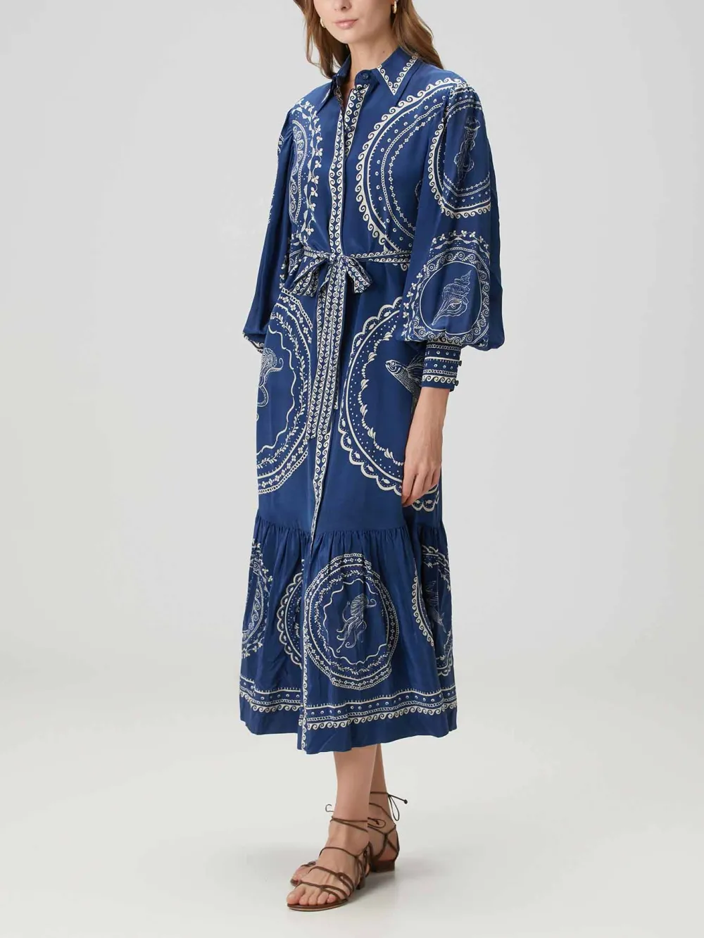 Ocean Print Lace Up Single Breasted Midi Dress