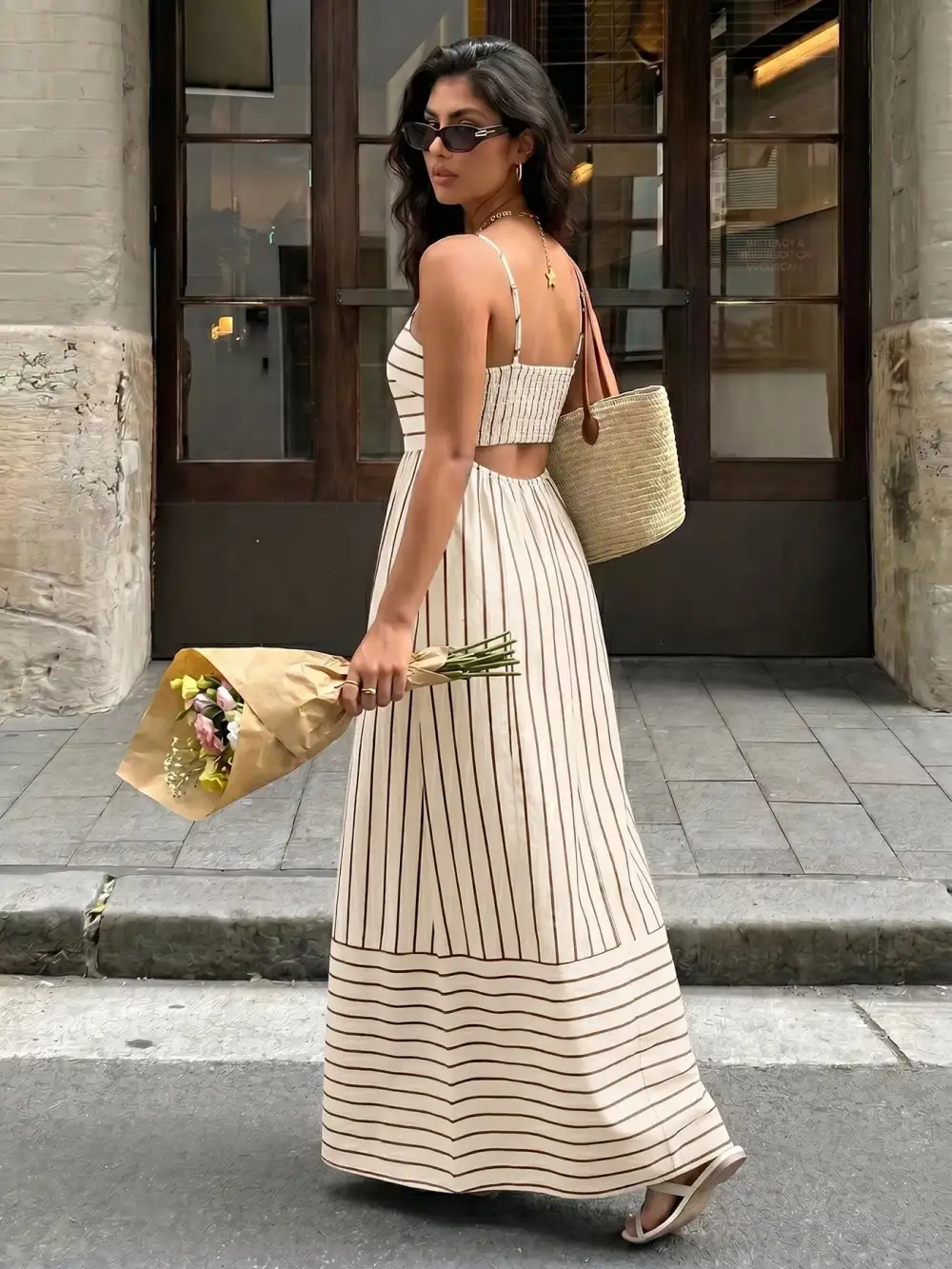 Smocked Spaghetti-Strap Striped Maxi Dress