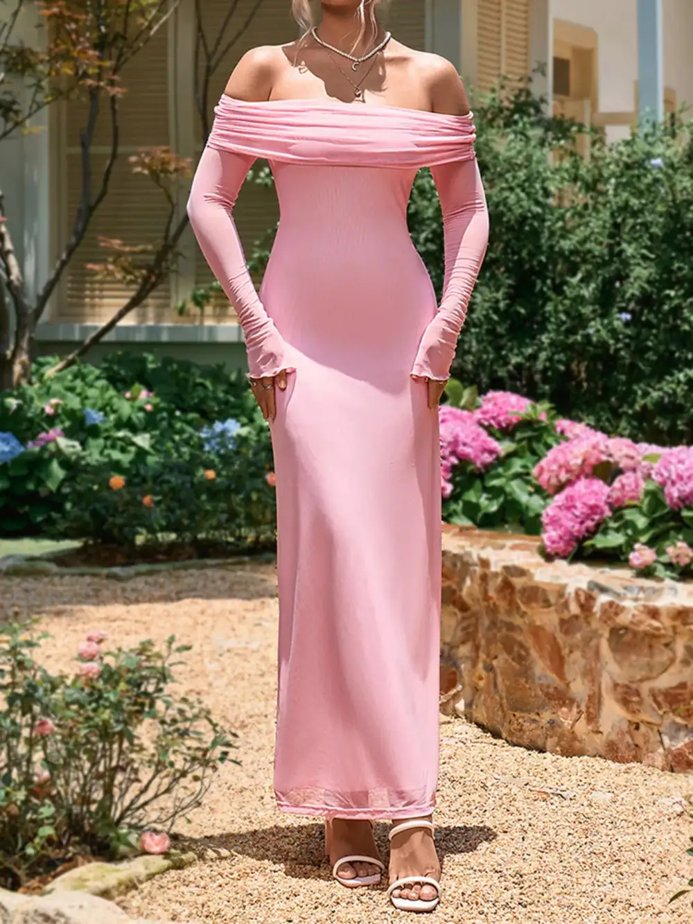 Off Shoulder Ruched Long Sleeve Maxi Dress