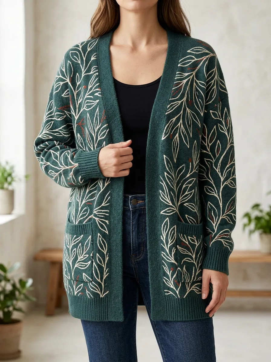 Women's Botanical Nature Lover Leaf Printed Patch Pocket Versatile Layering Cardigan