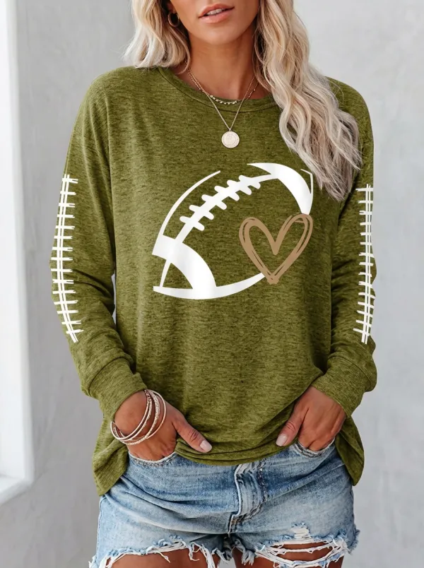 Women's Dynamic Gridiron Heart Ball Love Crewneck Long Sleeve T-Shirt