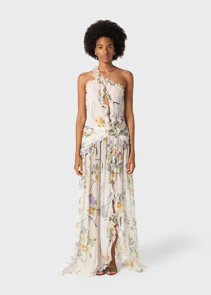 Astrid Printed Split Vacation-Style Maxi Dress In Beige