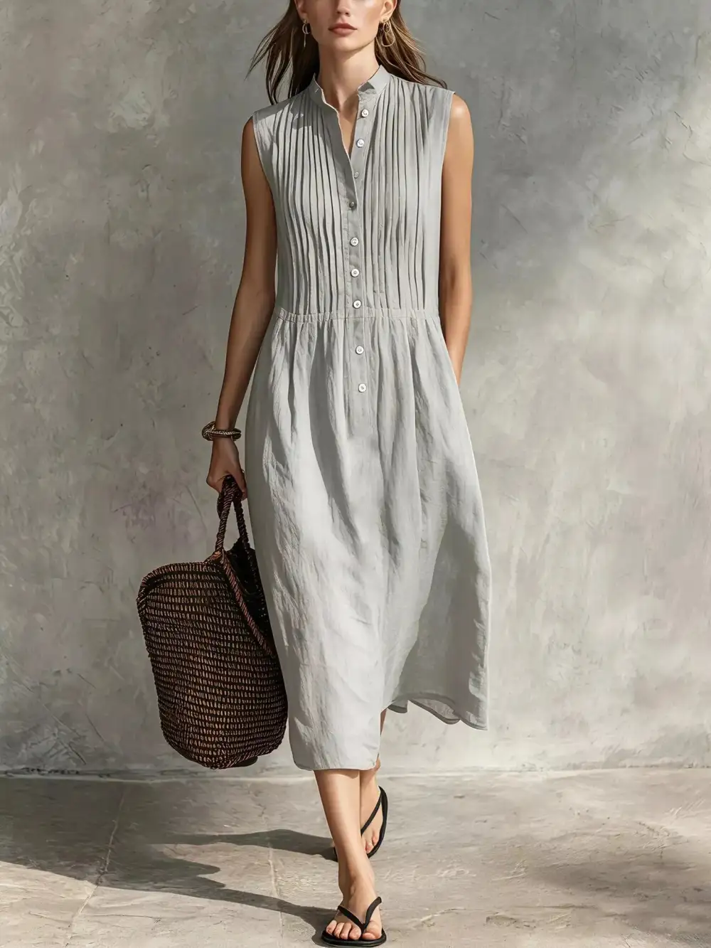 Sleeveless Button Front Midi Dress