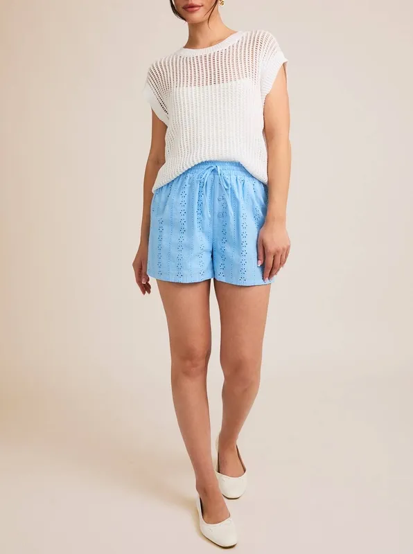 Blue Cotton Blend Drawstring Shorts