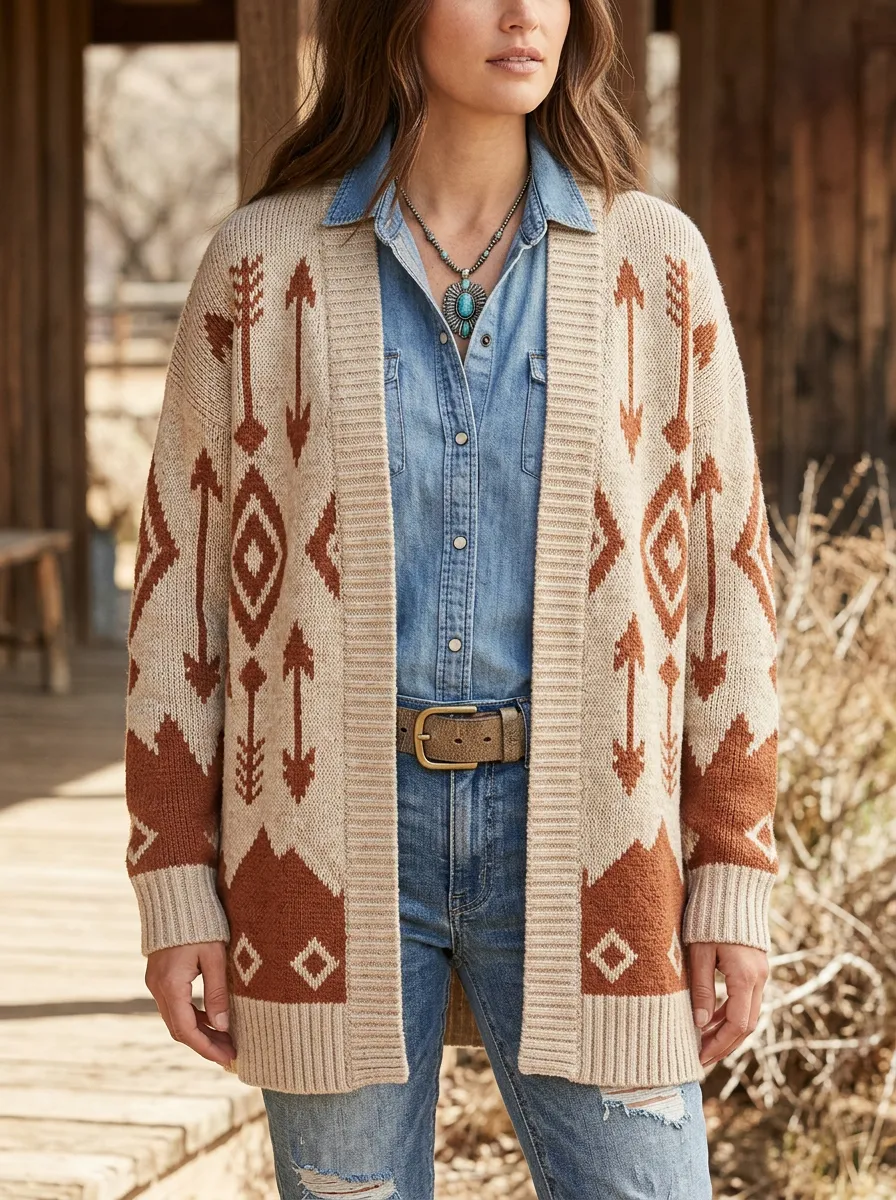 Women's Western Boho Arrow Geometric Printed Cardigan Sweater